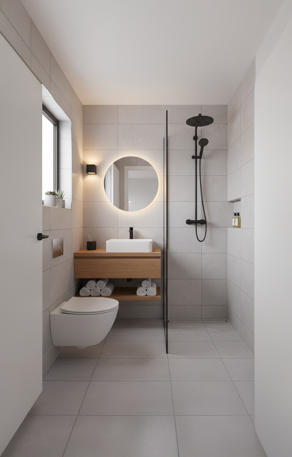 Darstellung eines weißen Badezimmers in einem Tiny House.