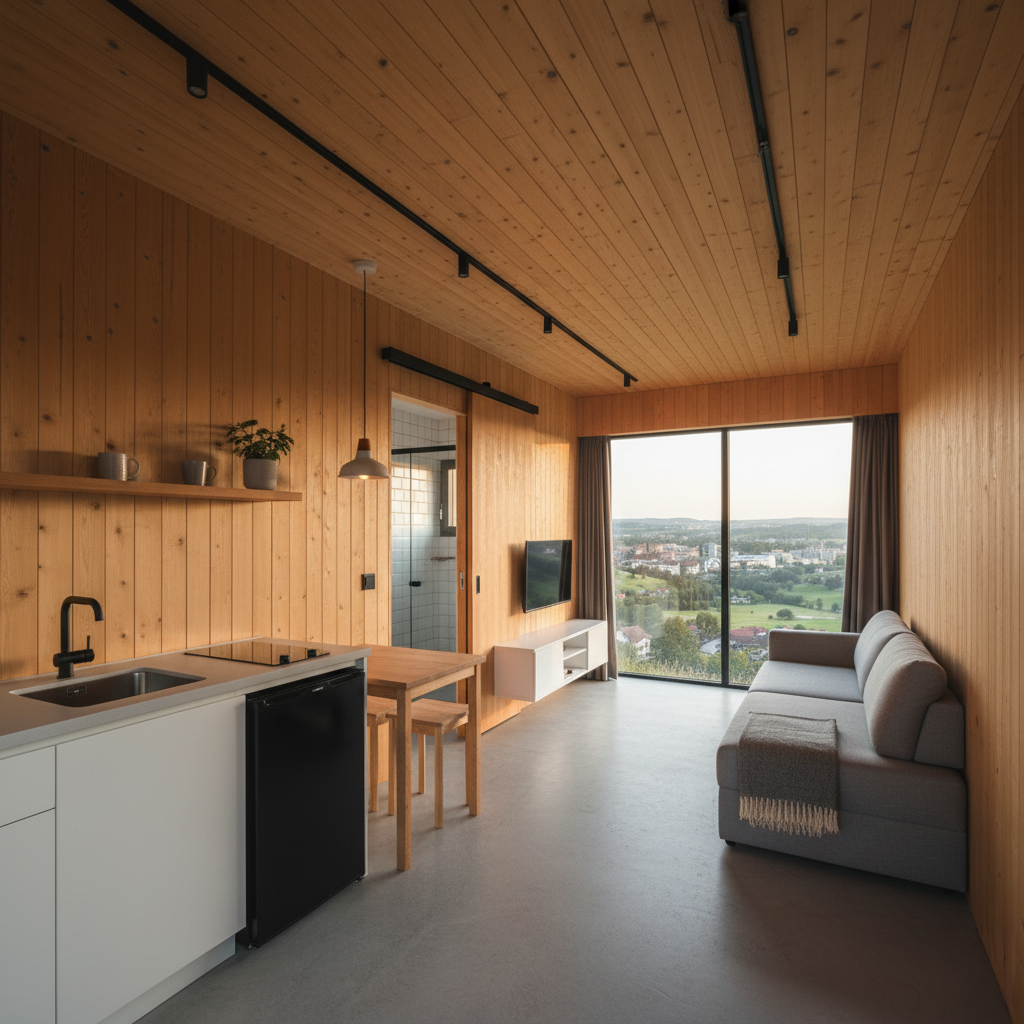 Küchen- und Wohnraum in einem Tiny House in Holzoptik.