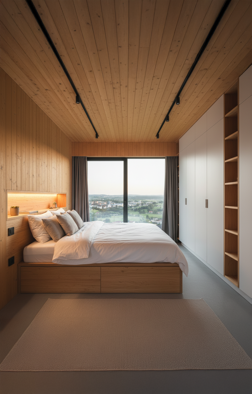 Blick auf ein modernes Schlafzimmer in Holzoptik in einem Tiny House.