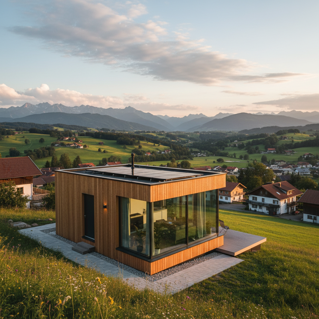 Blick auf ein Tiny House in Holzbauoptik in einer süddeutschen Bergregion.