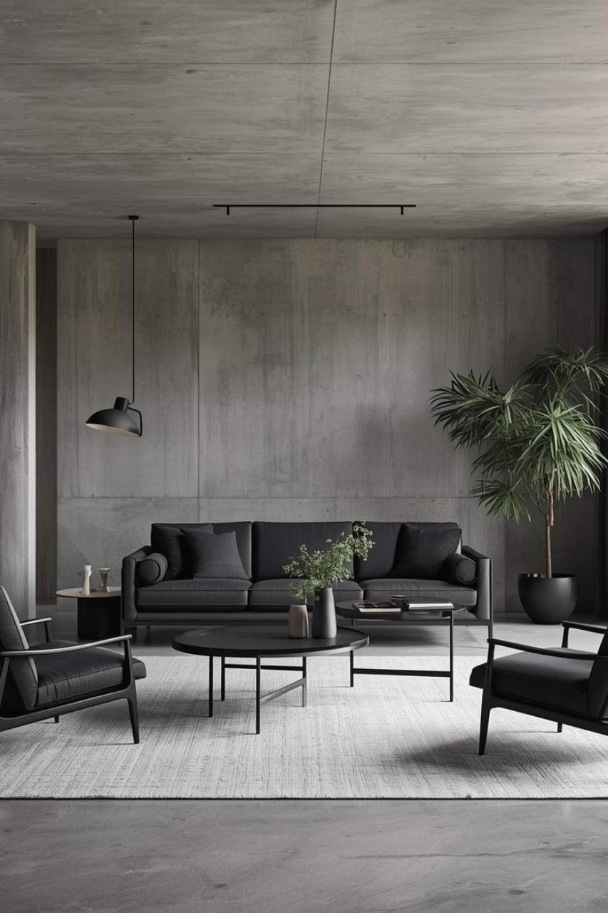 Modernes Interieur in dunklen Farben in Midcentury Modern Optik.