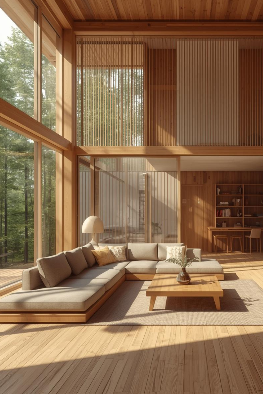 Moderne Inneneinrichtung in warmen Holztönen im Japandi-Stil.