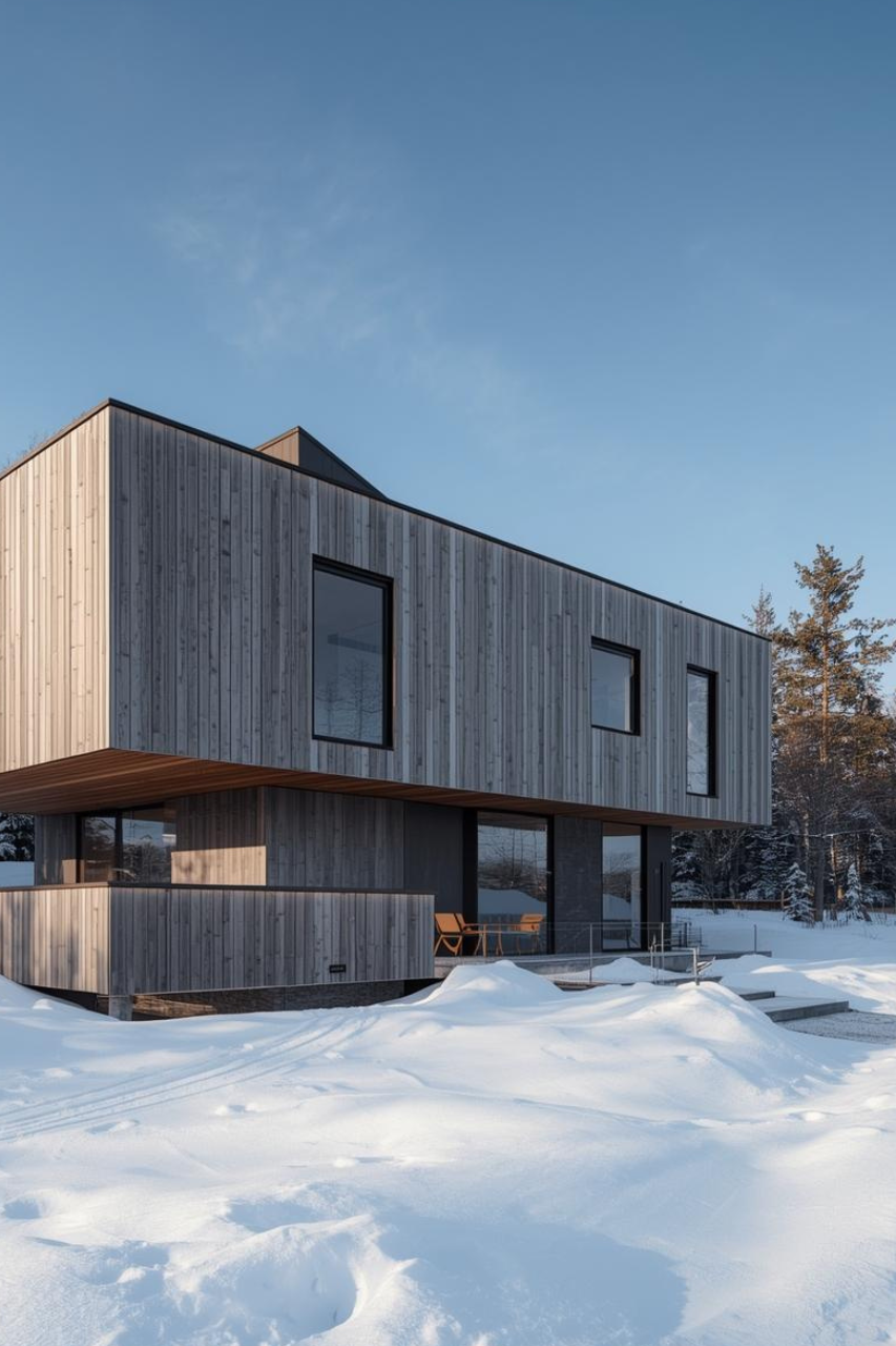 Neubau-Architektenhaus mit Holzfassade im Schnee.