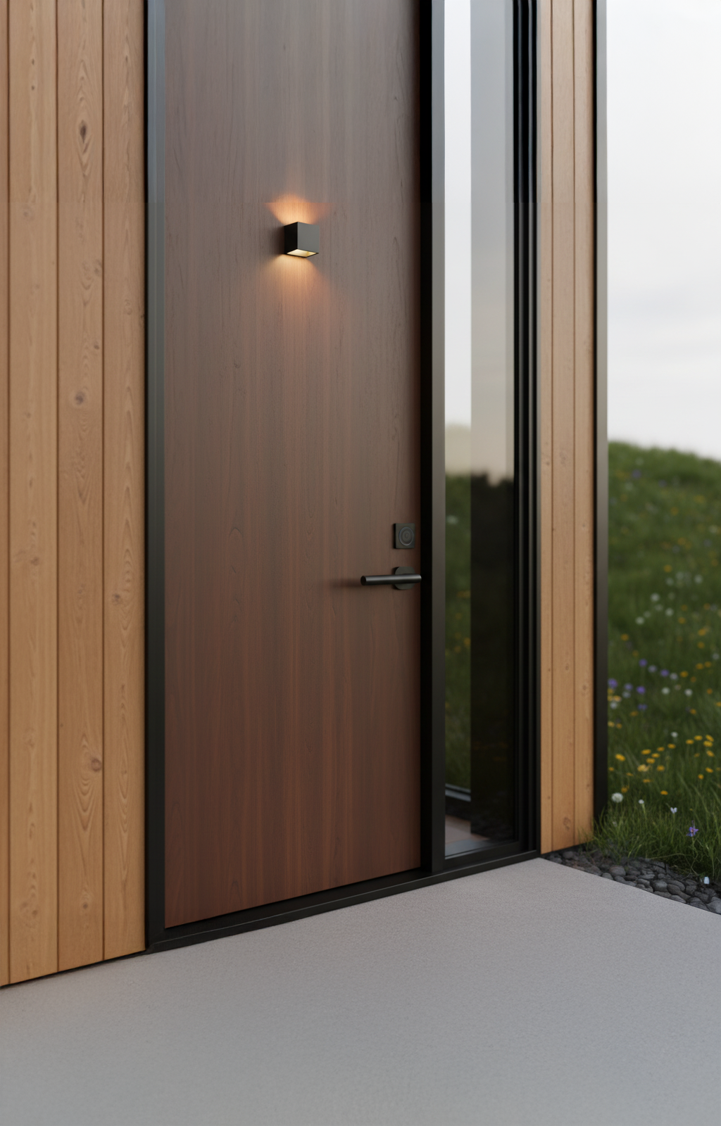 Moderner Eingangsbereich mit Haustüre bei einem Tiny House.